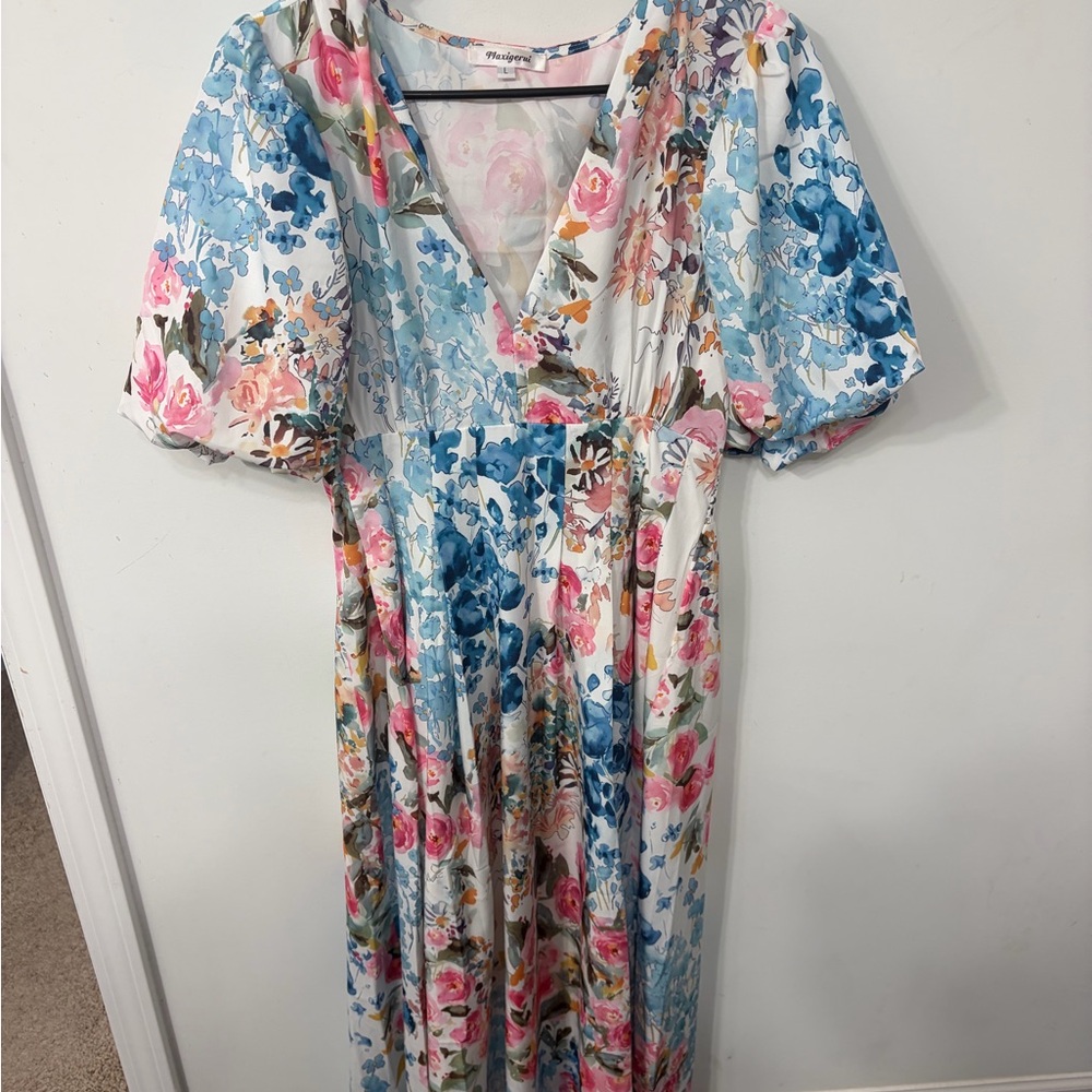 Amazon Floral Maxi Dress in White, Blue, Pink